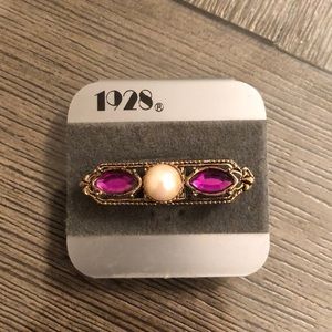 Vintage 1928 Brand Bar Pin Faux Pearl & Purple Gems